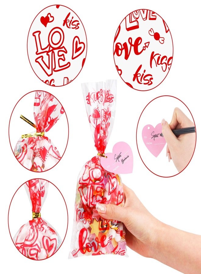 STEFORD 150Pcs Valentine Cellophane Bags, Valentine Day Cellophane Treat Bags, Valentine Gift Bags with 50Pcs Heart Tags, 180Pcs Twist Ties - Image 5
